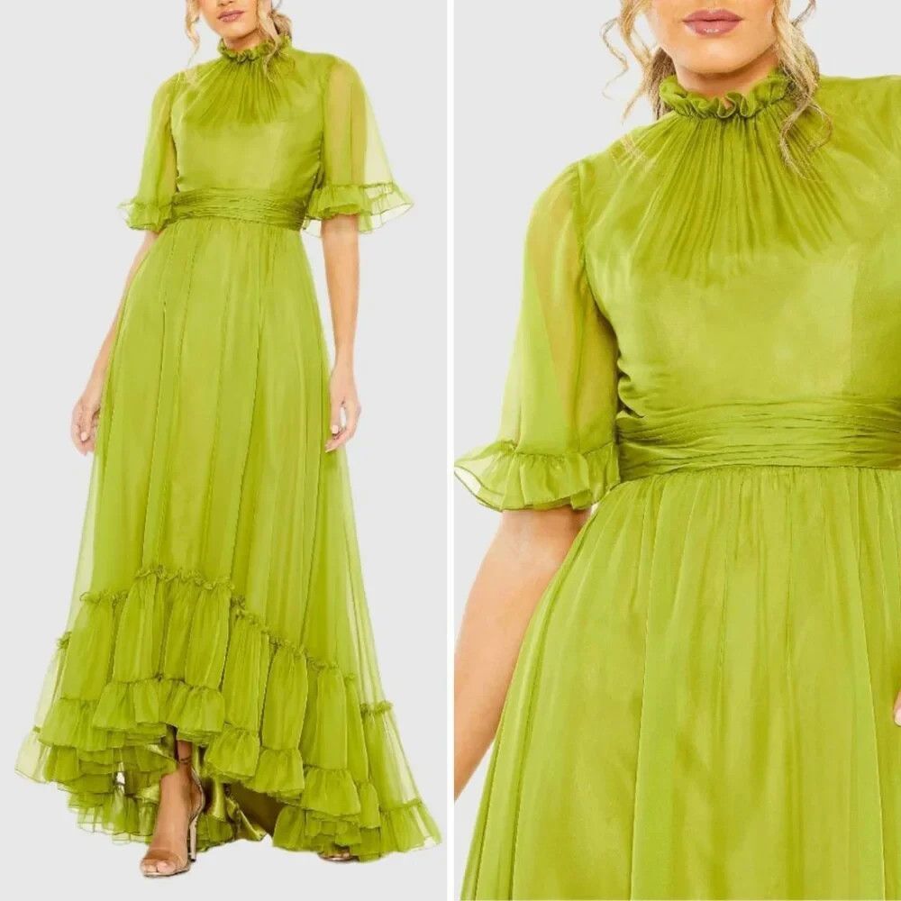 Mac Duggal 68229 Sz 12 Ruffled Mock Neck Flutter Sleeve Gown Apple Green